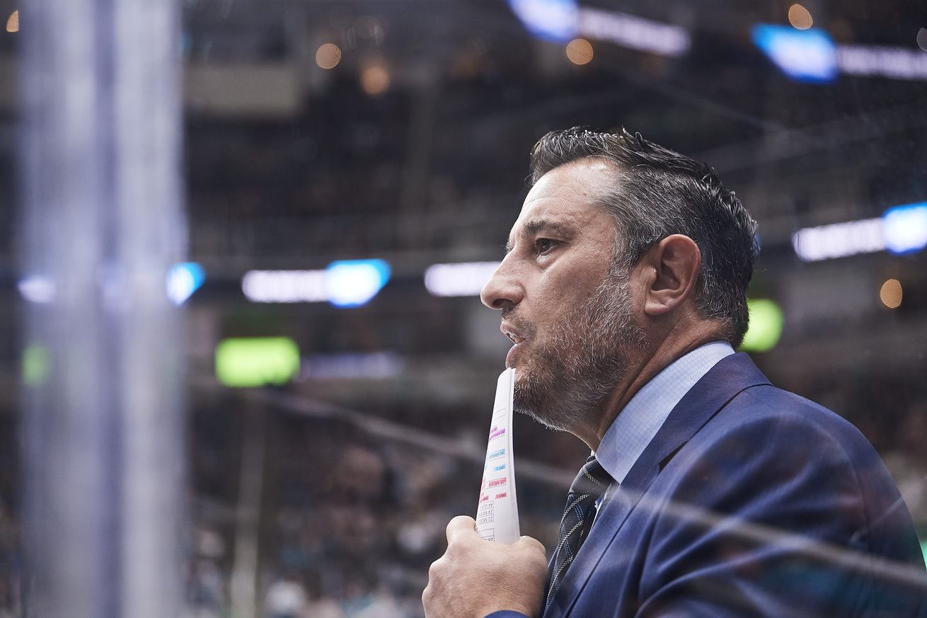 San Jose Sharks head coach Bob Boughner watches play during the NHL game between the San Jose Sharks and the Los Angeles Kings on March 12, 2022 at SAP Center in San Jose, CA.