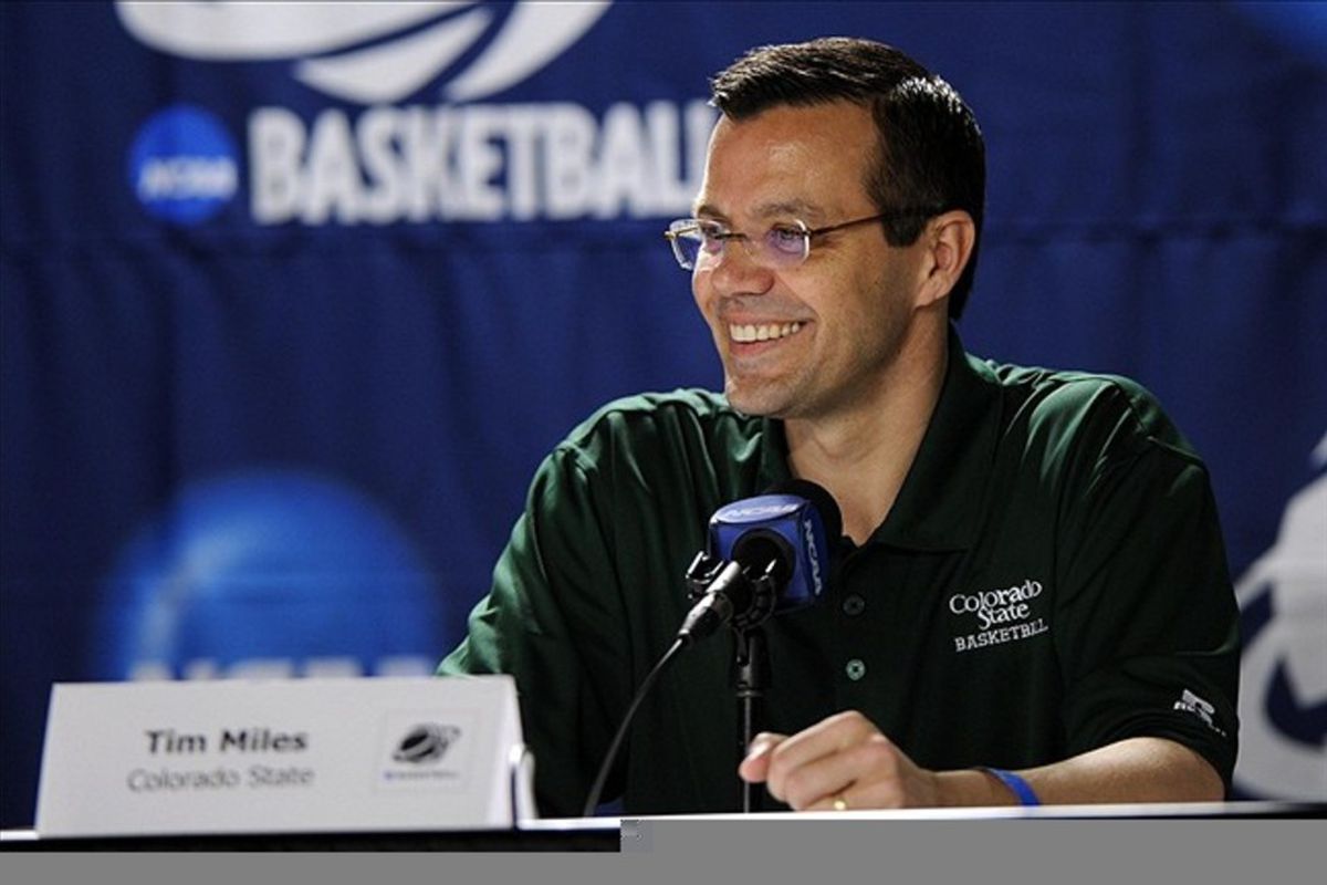 Mar 14, 2012; Louisville, KY, USA; Colorado State Rams head coach Tim Miles speaks during a press conference for the second round of the 2012 NCAA men's basketball tournament at the KFC Yum! Center.  Mandatory Credit: Jamie Rhodes-US PRESSWIRE
