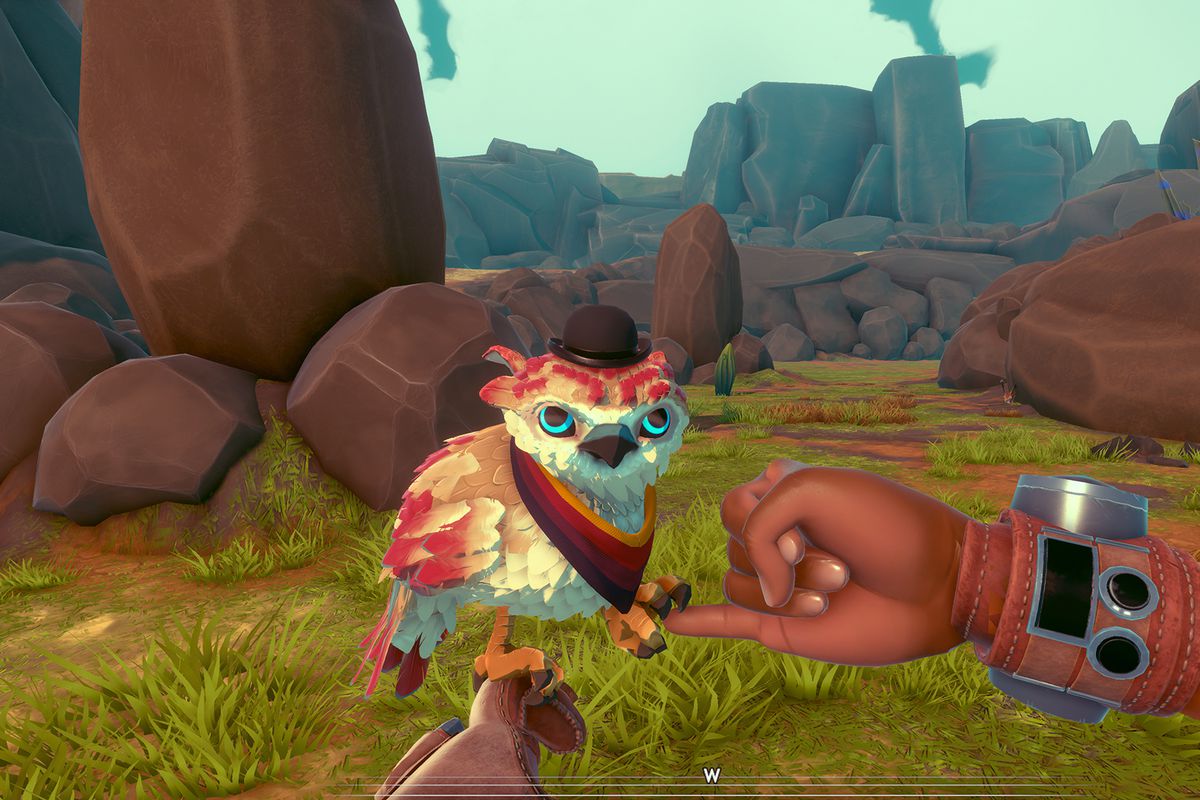 A tiny falcon shakes the hand of its handler in a screenshot from Falcon Age