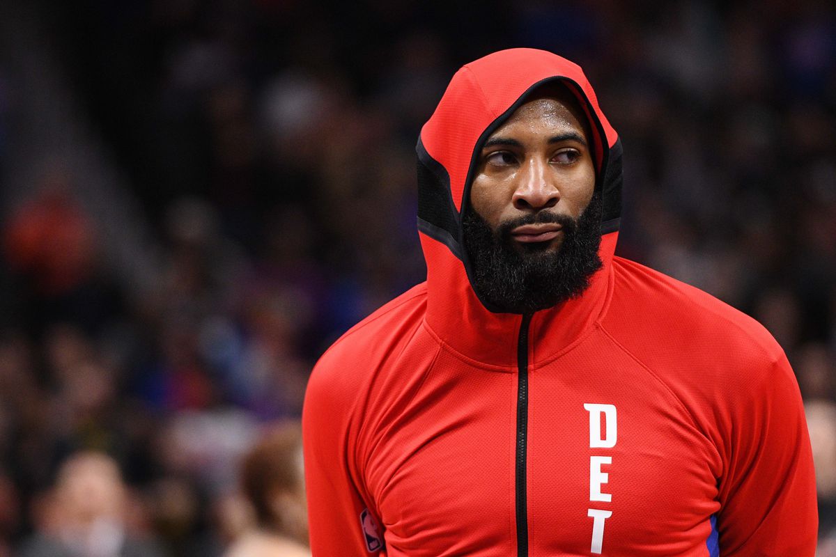 Detroit Pistons center Andre Drummond during the National Anthem before the game against the Washington Wizards at Little Caesars Arena.