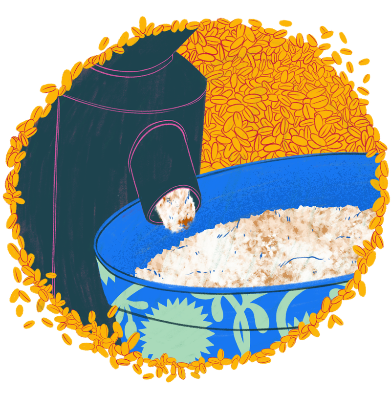 Illustration of a mill excreting flour into a larger bowl.