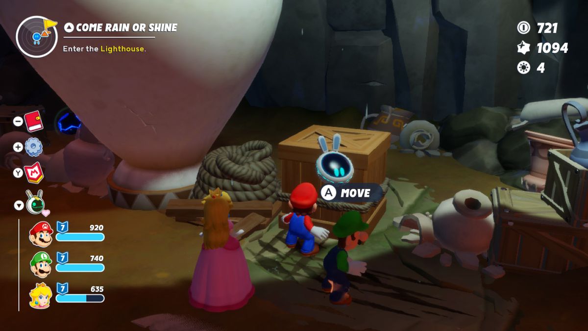 Mario, Luigi, and Peach move a crate next to a giant urn in Mario + Rabbids Sparks of Hope