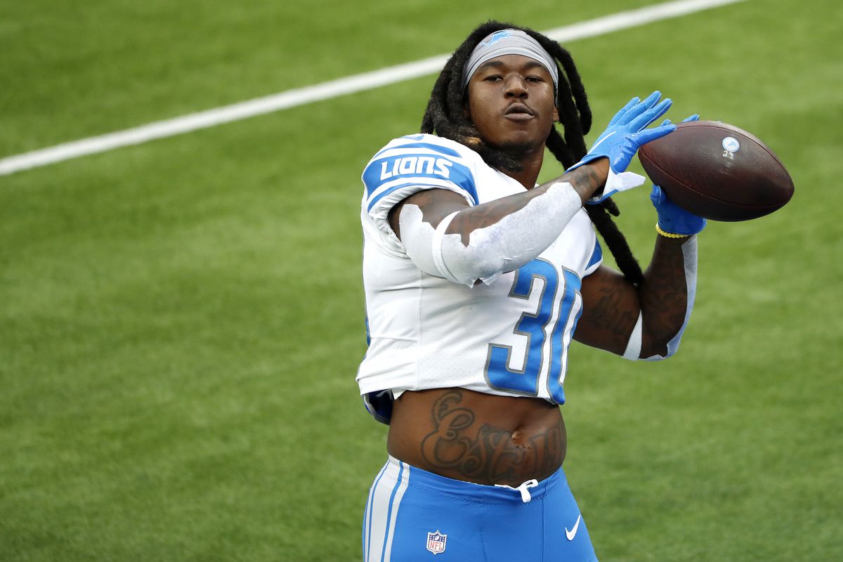 Jamaal Williams #30 of the Detroit Lions warms up prior to the game against the Los Angeles Rams at SoFi Stadium on October 24, 2021 in Inglewood, California.
