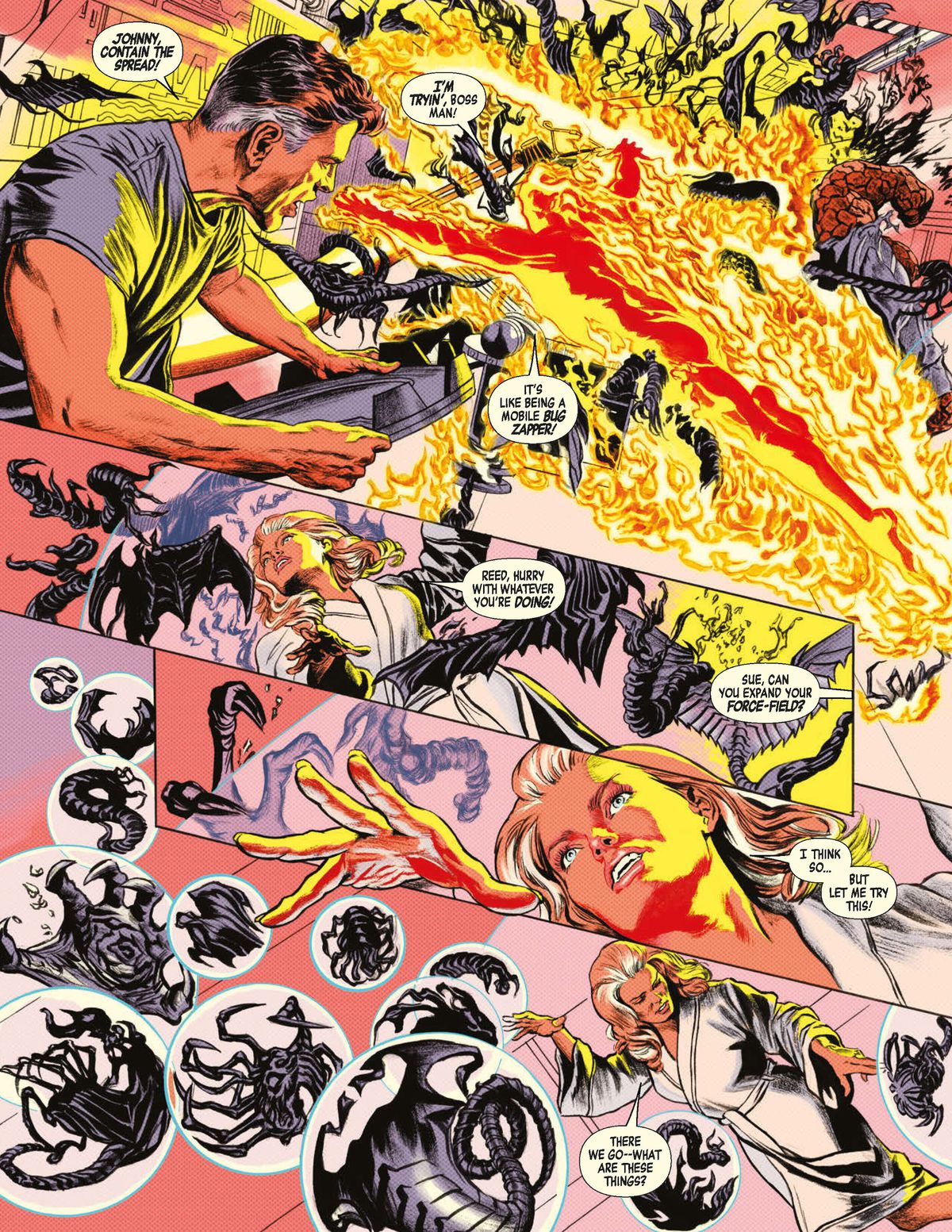 Human Torch, Reed, and Sue Storm try to stop the monsters with their powers