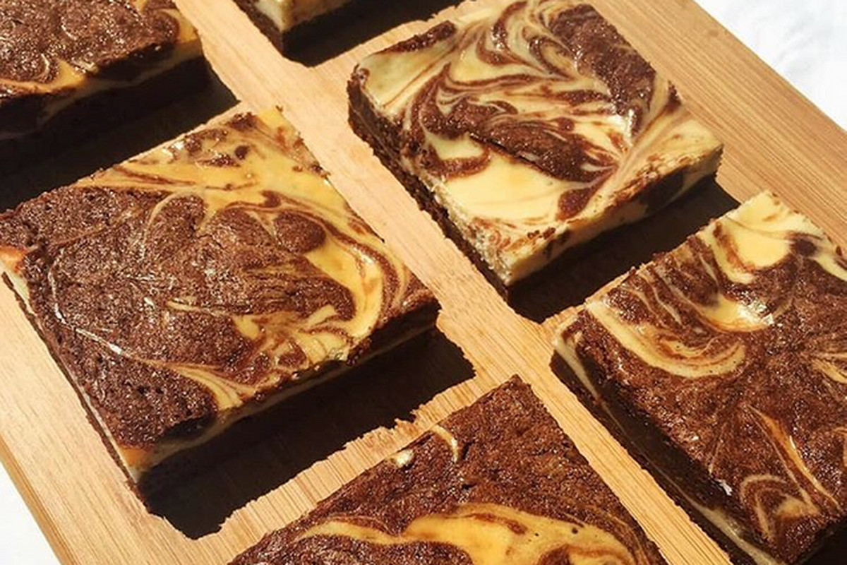 Squares of swirly brownies.