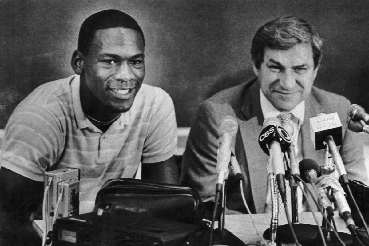 Michael Jordan and Coach Dean Smith at News Conference