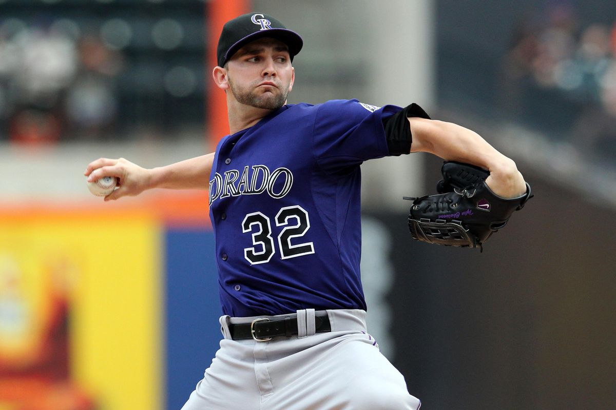 August 23, 2012; New York, NY, USA; Colorado Rockies pitcher Tyler Chatwood (32) throws a pitch during the first inning of a game against the New York Mets at Citi Field. Mandatory Credit: Brad Penner-US PRESSWIRE