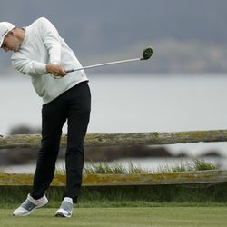 Aaron Wise hits his tee shot on the 18th hole during the second round of the U.S. Open Championship golf tournament Friday, June 14, 2019, in Pebble Beach, Calif. (AP Photo/Matt York)