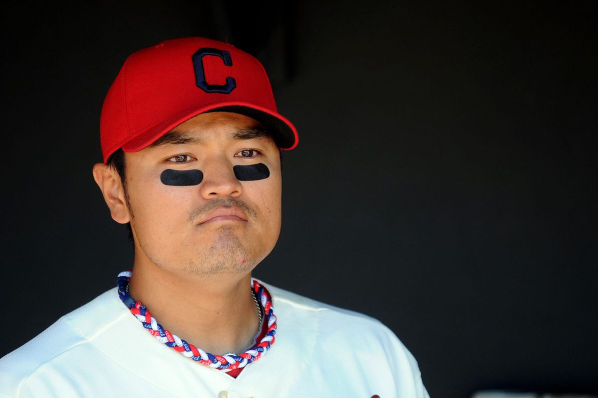April 7, 2012; Cleveland, OH, USA: Cleveland Indians right fielder Shin-Soo Choo (17) before the game against the Toronto Blue Jays at Progressive Field.  Mandatory Credit: Eric P. Mull-USPRESSWIRE