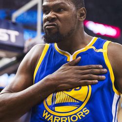 Golden State forward Kevin Durant (35) beats his chest after scoring a bucket in the second half of an NBA basketball game against Utah in Salt Lake City on Thursday, Dec. 8, 2016. Golden State defeated Utah with a final score of 106-99.