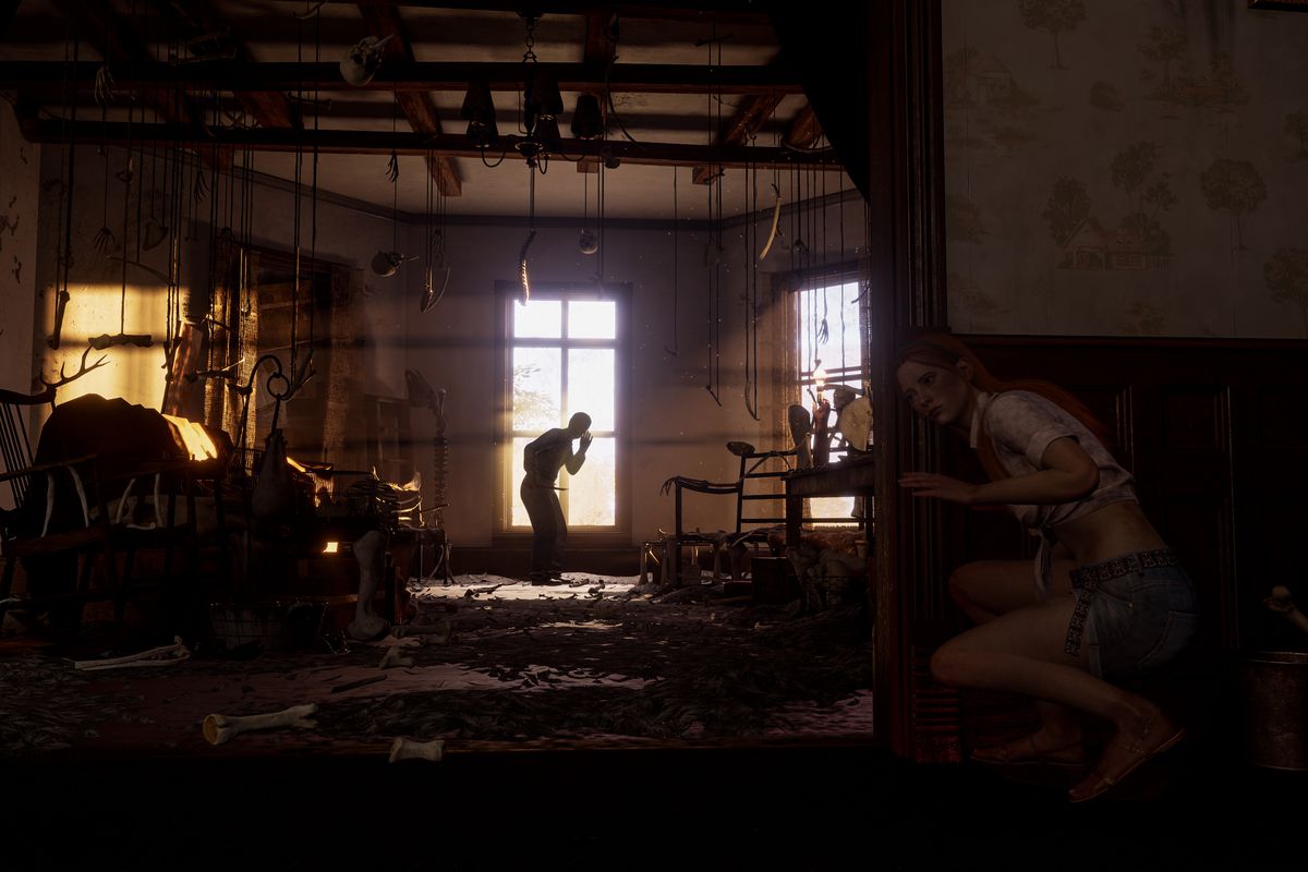 A screenshot from the Texas Chain Saw Massacre video game. A Victim cowers as they pass by a brightly lit window in the lethal Sawyer home, re-created from the classic horror film.