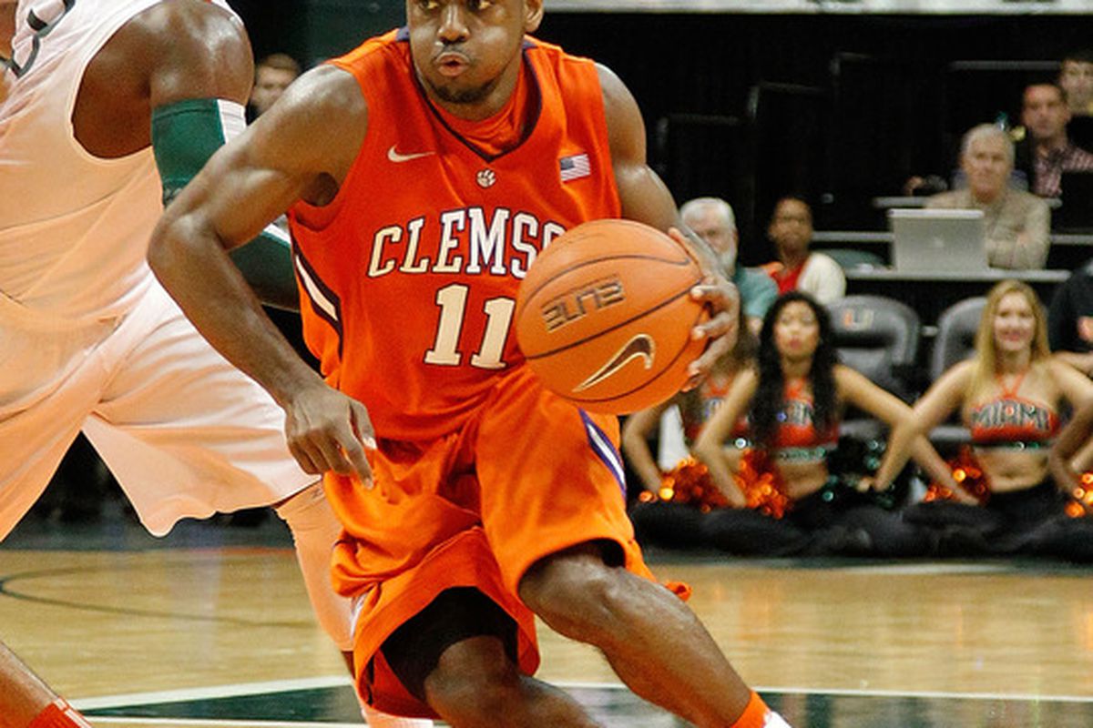 CORAL GABLES, FL - JANUARY 18:  Andre Young #11 of the Clemson Tigers drives during a game against the Miami (Fl) Hurricanes on January 18, 2012 in Coral Gables, Florida.  (Photo by Mike Ehrmann/Getty Images)