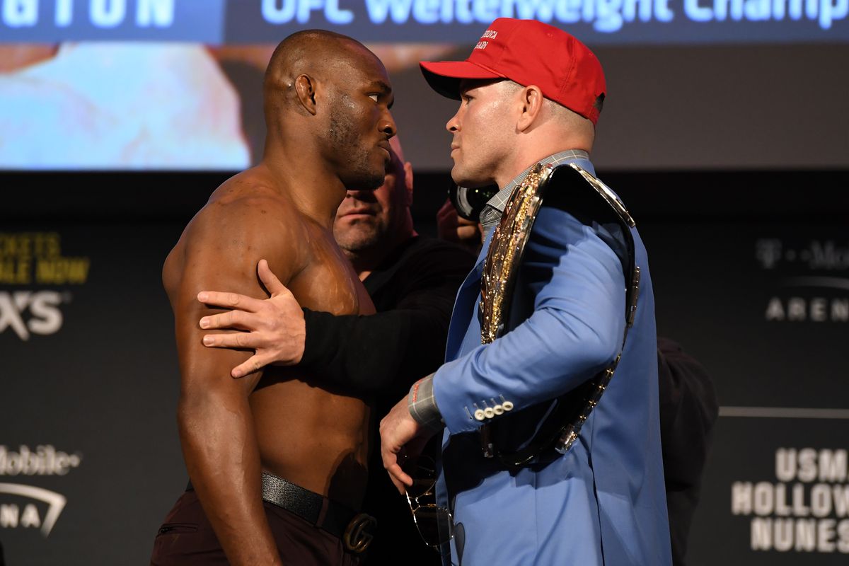 Kamaru Usman and Colby Covington during their pre-fight press conference ahead of UFC 245. 