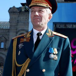 In this photo taken on Friday, May 9, 2014, Valery Khalilov, the conductor and head of the Alexandrov choir stands during the Victory Day military parade marking the victory in WWII in Red Square. There appeared to be no survivors after the Tu-154 passenger plane operated by the Russian Defense Ministry crashed into the Black Sea Sunday minutes after taking off from Sochi, carrying members of the world-famous Russian army choir to a New Year concert at the Russian military base in Syria. (AP Photo)