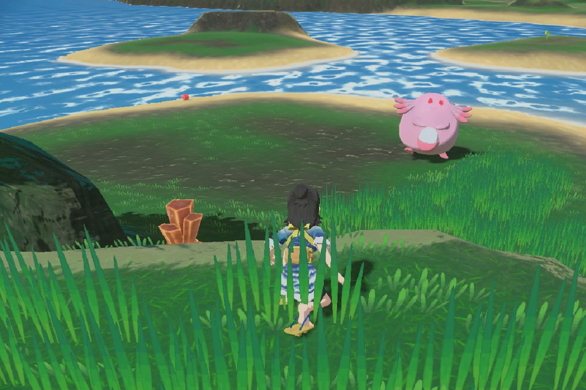 An unsuspecting Alpha Chansey wanders shortly before a trainer in the grass is about to clap it