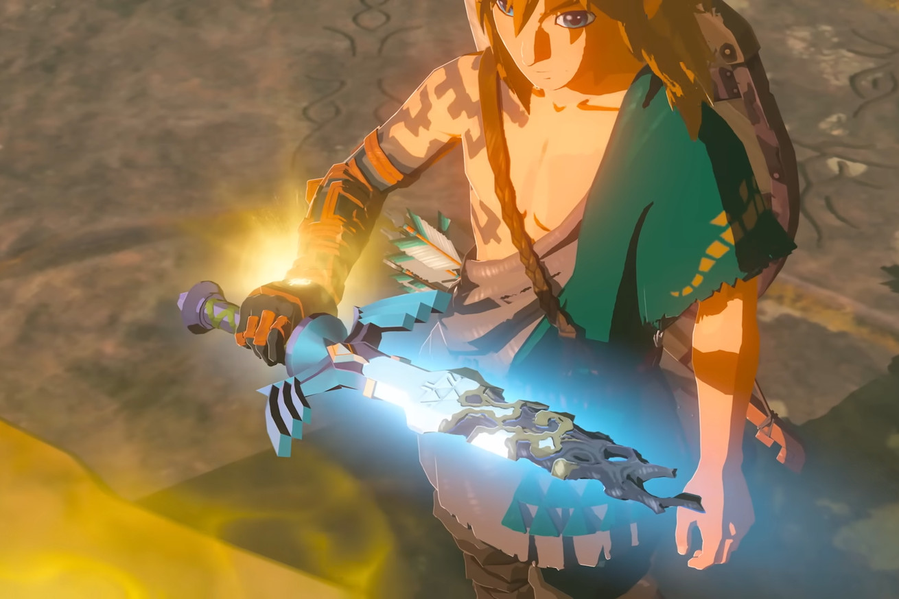 Link holds a withering Master Sword in this screenshot from The Legend of Zelda: Tears of the Kingdom.