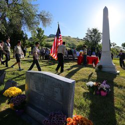 Members of Troop 1440 from the Dai Ichi Ward present the colors as Japanese American veterans are remembered at a small memorial service at the Salt Lake City Cemetery on Sunday, May 29, 2016.