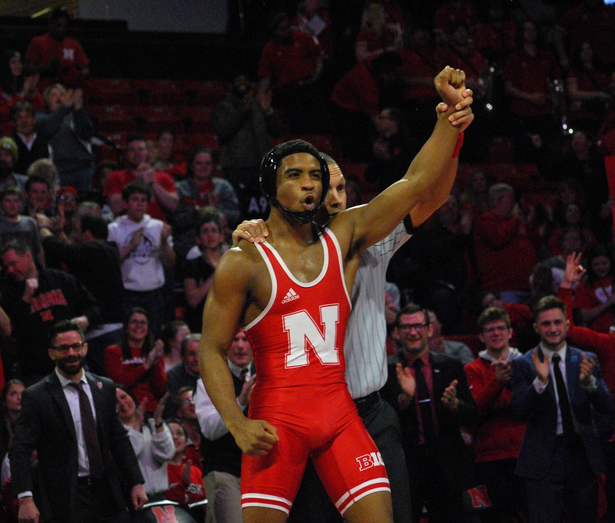 Nebraska competing in a dual against Michigan on Feb. 14, 2020 at the Bob Devaney Sports Center.