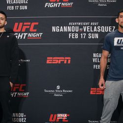 Benito Lopez and Manny Bermudez pose on stage Friday at UFC Phoenix media day.