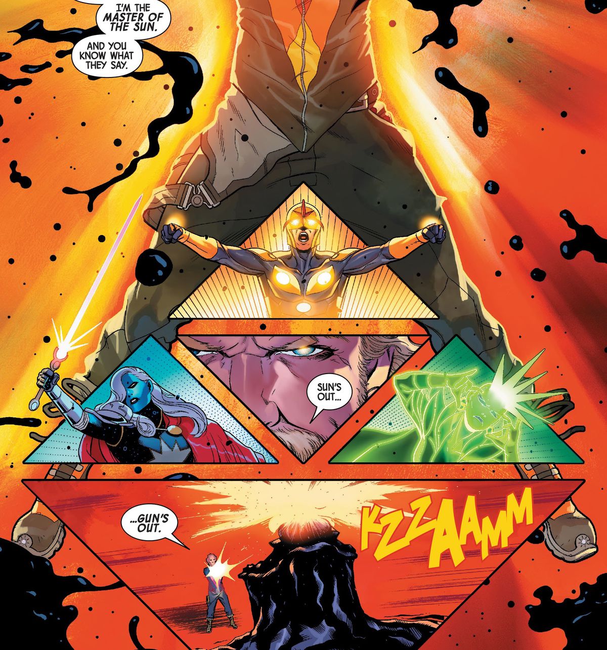 “I’m the master of the sun,” says Star-Lord, “And you know what they say. Sun’s out, gun’s out,” as he shoots a god in the head in Guardians of the Galaxy #10, Marvel Comics (2020). 