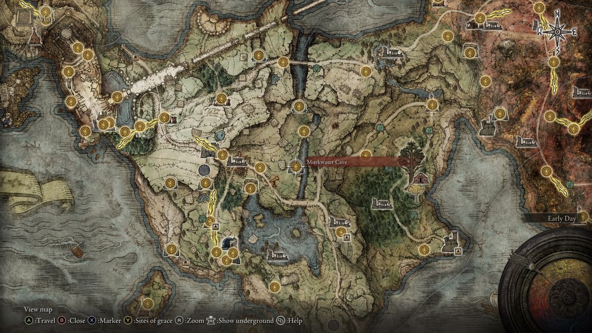 Elden Ring’s map, showing the location of Murkwater Cave.