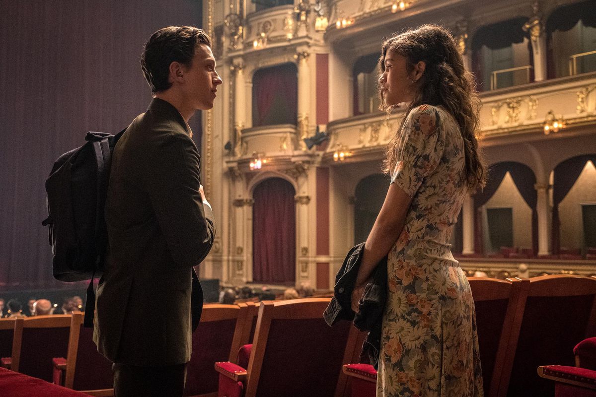Peter Parker (Tom Holland) and MJ (Zendaya) in Spider-Man: Far From Home.