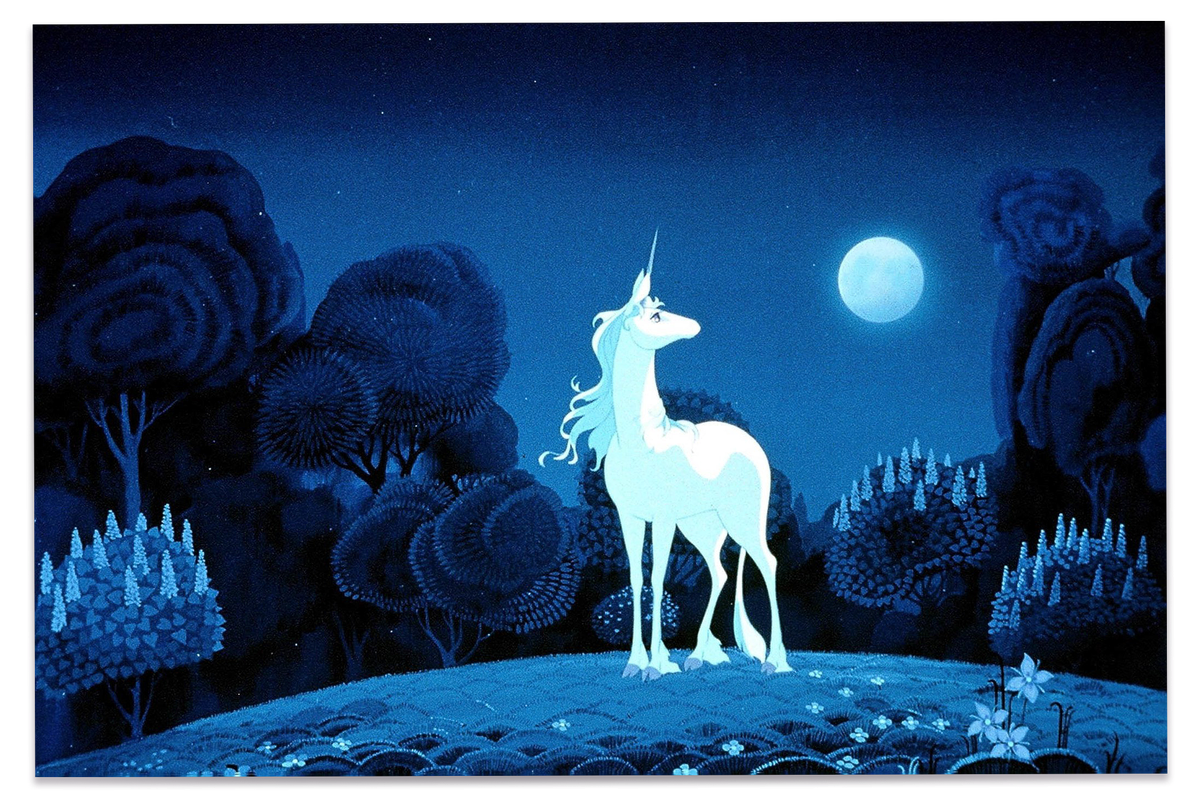 Cartoon unicorn in a moonlight forest