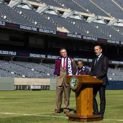 Chicago Park District CEO Michael Kelly and Mayor Lori Lightfoot look on as Major League Soccer Commissioner Don Garber speaks during a press conference to announce the Chicago Fire will be returning to Soldier Field beginning with the 2020 season, Tuesday morning, Oct. 8, 2019.