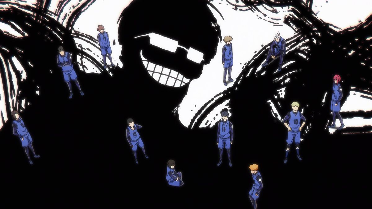 In a still from Blue Lock season 1, a silhouette of Ego fills the background. In the foreground, Isagi and his team members stand, as though the presence of Ego looms over them.
