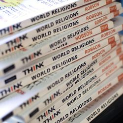 Reading material available in Jodi Ide's World Religions class at Brighton High School in Cottonwood Heights on Thursday, Aug. 24, 2017.