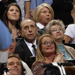 LDS President Thomas S. Monson and wife, Frances, watch the game as the Utah Jazz and the Los Angeles Clippers play NBA basketball in Salt Lake City, Utah,   Mar. 28, 2008