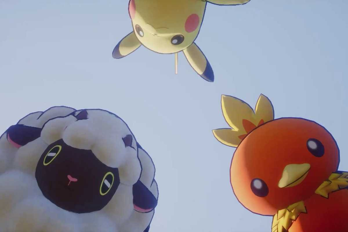 An image of Torchic, Pikachu, and Wooloo looking down at the camera in a mod for Palworld. 