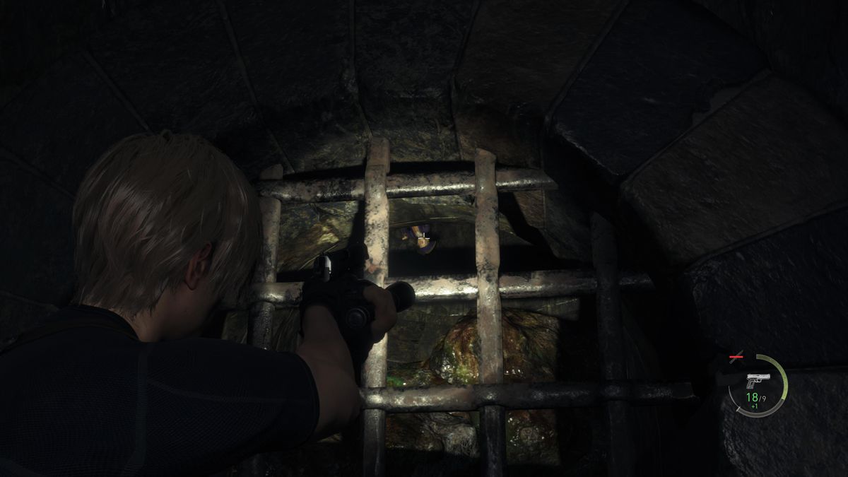 Leon S Kennedy aims at an upside down Clockwork Castellan in Resident Evil 4 remake, inside a sewer duct