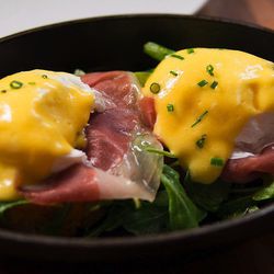Eggs Benedict, bacon cheddar biscuit, prosciutto, arugula @ Manhattan Beach Post by KayOne73