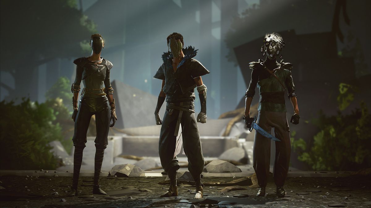 This screenshot from Absolver shows three characters standing next to each other. The first is wearing a sleek metallic mask. The second is wearing a cracked mask that looks like it’s made of clay. The third is wearing a mask with creepy eyes popping out 