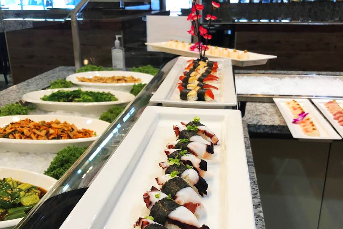 A selection of the sushi and sashimi choices on the all-you-can-eat menu at the Imperial Sushi Seafood Buffet.