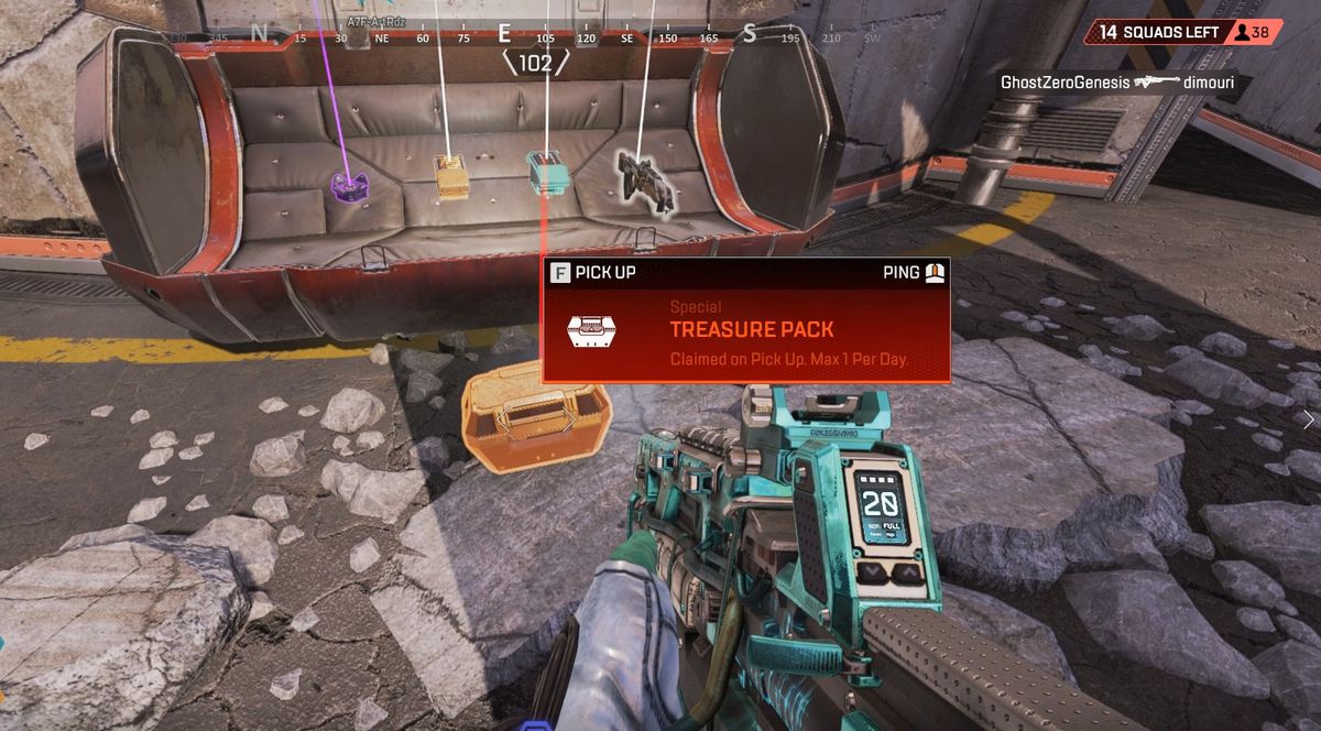 A Treasure Pack sitting on the ground in front of a loot bin in Apex Legends 