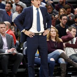 Utah Jazz head coach Quin Snyder calls out to his players as the Utah Jazz and the New Orleans Pelicans play an NBA basketball game at Vivint Arena in Salt Lake City on Wednesday, Jan. 3, 2018. The Pelicans won 108-98.
