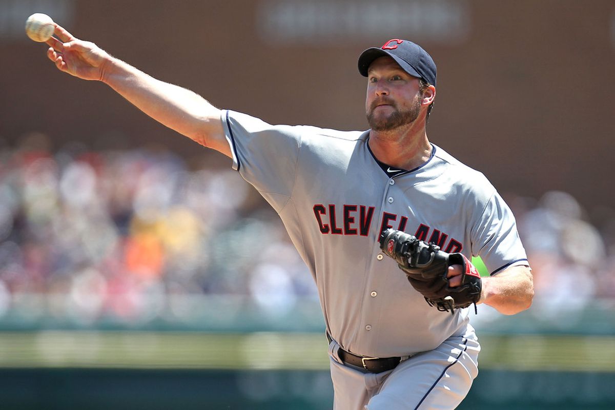 DETROIT, MI - JUNE 07:  Derek Lowe #26 of the Cleveland Indians throws a first inning pitch while playing the Detroit Tigers at Comerica Park on June 7, 2012 in Detroit, Michigan.  (Photo by Gregory Shamus/Getty Images)