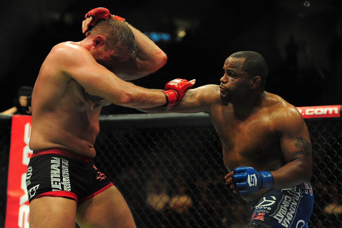 May 19, 2012; San Jose, CA, USA; Josh Barnett (left) fights Daniel Cormier (right) during the heavyweight tournament final bout of the Strikeforce World Grand Prix at HP Pavilion.  Photo Credit: Kyle Terada-US PRESSWIRE