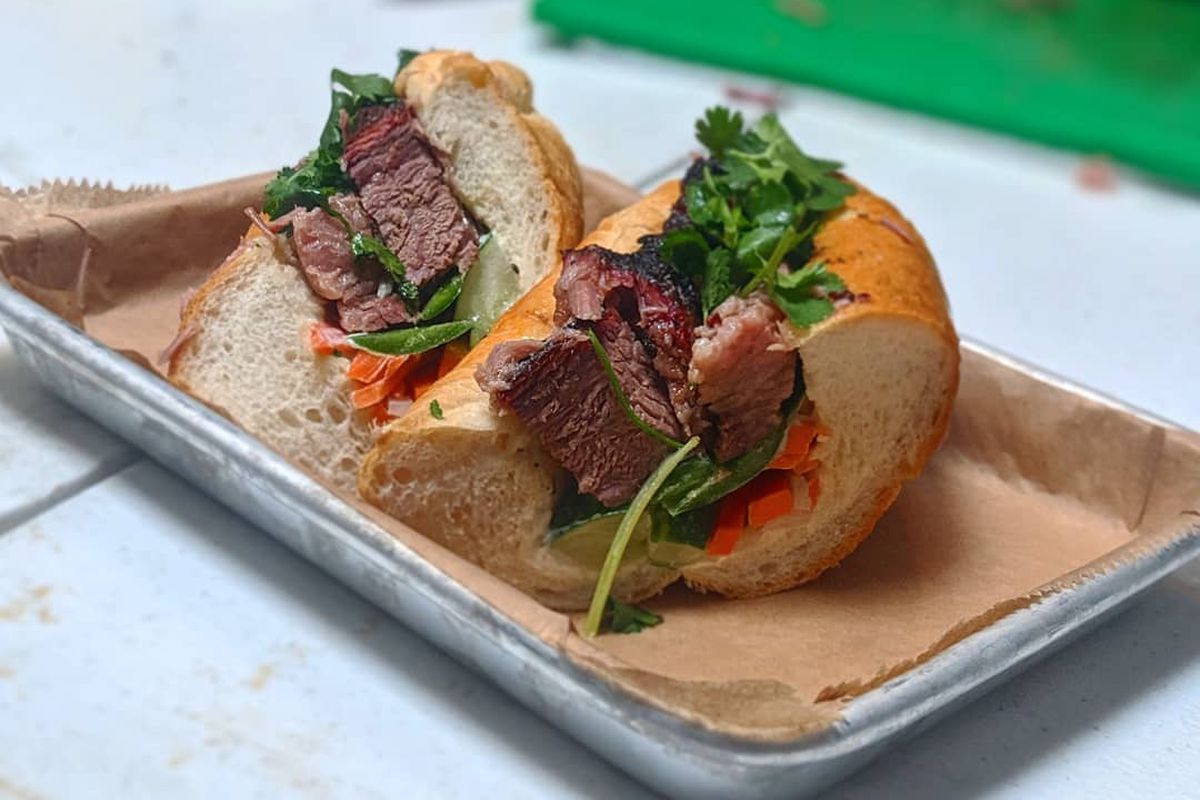 The banh mi with smoked brisket from Vietnamese-Barbecue restaurant Pho Cue, now open in Glenwood Park, Atlanta. 