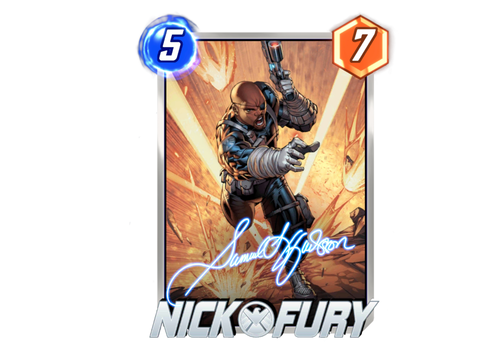 Nick Fury runs like Tom Cruise in a Marvel Snap card emblazoned with Samuel L. Jackson’s signature.