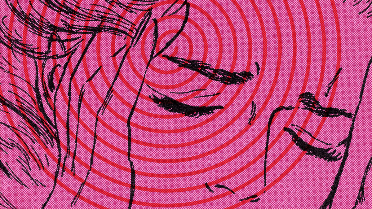 An illustration of a woman wincing in pain and holding her head. A red spiral is overlaid, originating from her temple.