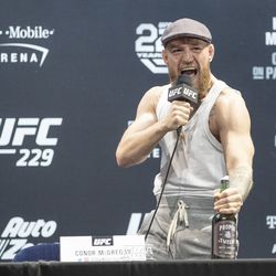 Conor McGregor answers a question at UFC 229 press conference.