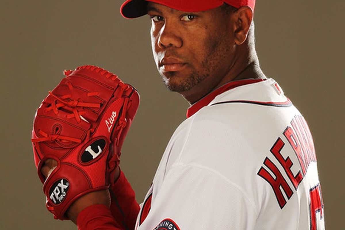 VIERA FL - FEBRUARY 25:  Livan Hernandez #61of the Washington Nationals poses for a portrait during Spring Training Photo Day at Space Coast Stadium on February 25 2011 in Viera Florida.  (Photo by Al Bello/Getty Images)