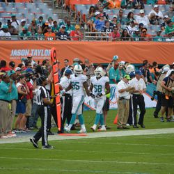 Dec. 15, 2013 Miami Gardens, FL - Miami Dolphins defensive end Dion Jordan (95) and linebacker Jonathan Freeny (56) along the sideline during the team's game against the New England Patriots.