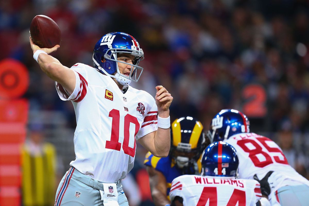 Eli Manning delivers a pass against the Rams