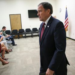 Gov. Gary Herbert leaves after talking to journalists about recent Utah National Guard casualties at the Utah National Guard headquarters in Draper on Thursday, Aug. 17, 2017. One soldier was killed and 11 injured during combat operations Wednesday in Afghanistan.