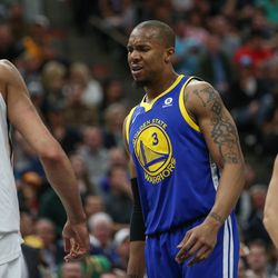 Golden State Warriors forward David West (3) reacts to a call during the game against the Utah Jazz at Vivint Arena in Salt Lake City on Tuesday, April 10, 2018.