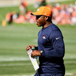 New Denver Broncos head coach, Vance Joseph, kicking off the first day of training camp. 